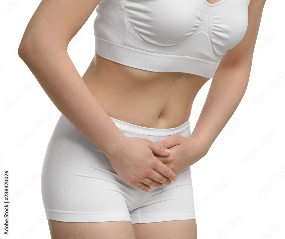 Woman suffering from cystitis on white background, closeup - obrazy, fototapety, plakaty 