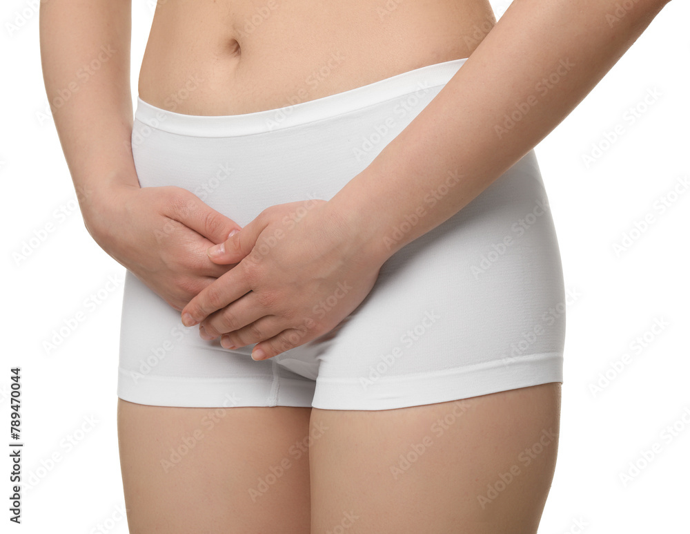 Woman suffering from cystitis on white background, closeup - obrazy, fototapety, plakaty 
