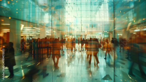 Abstract Blurred Mall Crowd Scene. Blurred crowd walking in a modern shopping mall, suitable for business and urban themes. photo