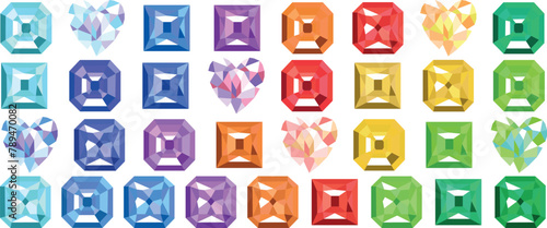 A set of colorful gems and diamonds with a white background