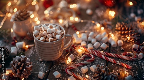 A cup of hot chocolate with marshmallows, surrounded by Christmas decorations and candy canes on the table. 