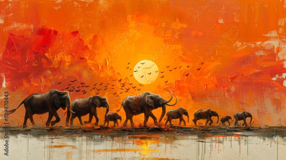 Naklejka premium The Great Migration, Follow the journey of a family of endangered animals as they navigate changing habitats and human encroachment in their quest for survival. Generated AI.