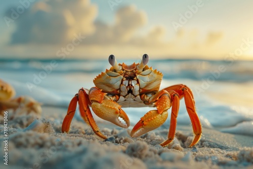 Curious Crab on Sandy Beach at Sunset