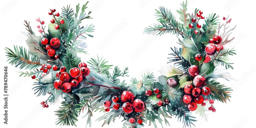 Beautiful watercolor painting of a Christmas wreath, perfect for holiday designs Beautiful watercolor painting of a Christmas wreath, perfect for holiday designs