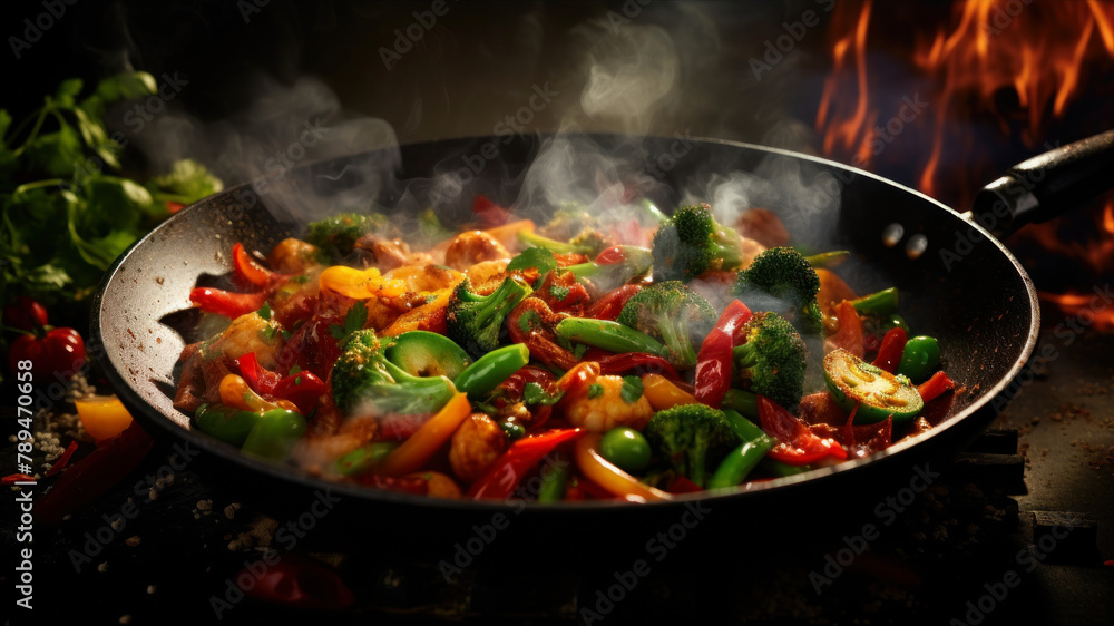 Chicken stir fry with vegetables in a wok on a dark background