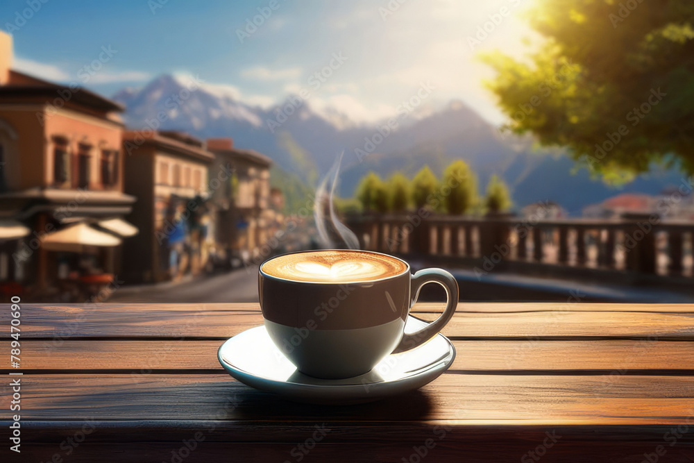 A cup of hot coffee, tea, chocolate on a wooden table early in the morning with a view of the waking up city.