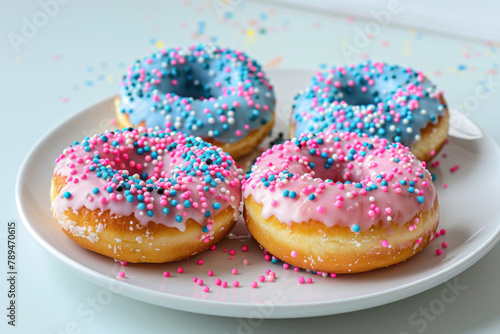 colorful donuts with colorful sprinkles on a white plate