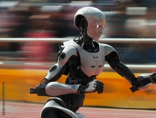 A robot is running on a track. The robot is white and black