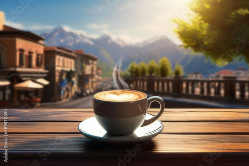 Obraz na płótnie A cup of hot coffee, tea, chocolate on a wooden table early in the morning with a view of the waking up city. w salonie