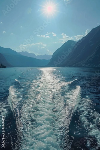 Boat wake on a calm lake with majestic mountains in the background. Perfect for travel and nature concepts