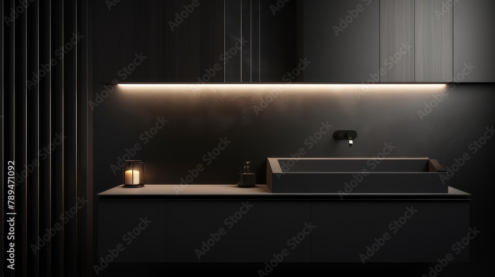 Elegantly simple black bathroom cabinet, designed in a minimalist black and white style with symmetrical balance and bright linear lighting effects, creating a modern, high-end look in AI art - obrazy, fototapety, plakaty 