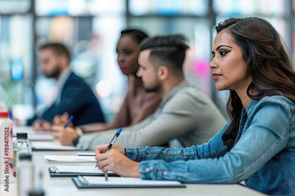 A team of coworkers taking notes during a productive meeting in the office. A team of coworkers taking notes during a productive meeting in the office.