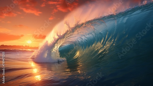 Giant ocean wave breaking at dawn along a sun-kissed tropical shoreline, the epitome of a surfer's summer dream, captured in high-definition photo