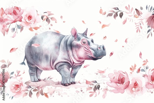 A watercolor painting of a hippo in a field of flowers. Ideal for children's books or nature-themed designs