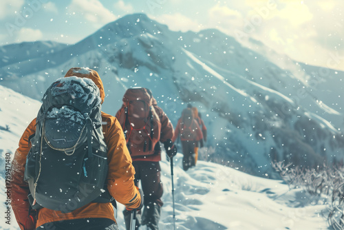 Winter Hiking Adventure in Snowy Mountains. Group of hikers trekking in snowy mountain terrain, perfect for winter sport and adventure themes.