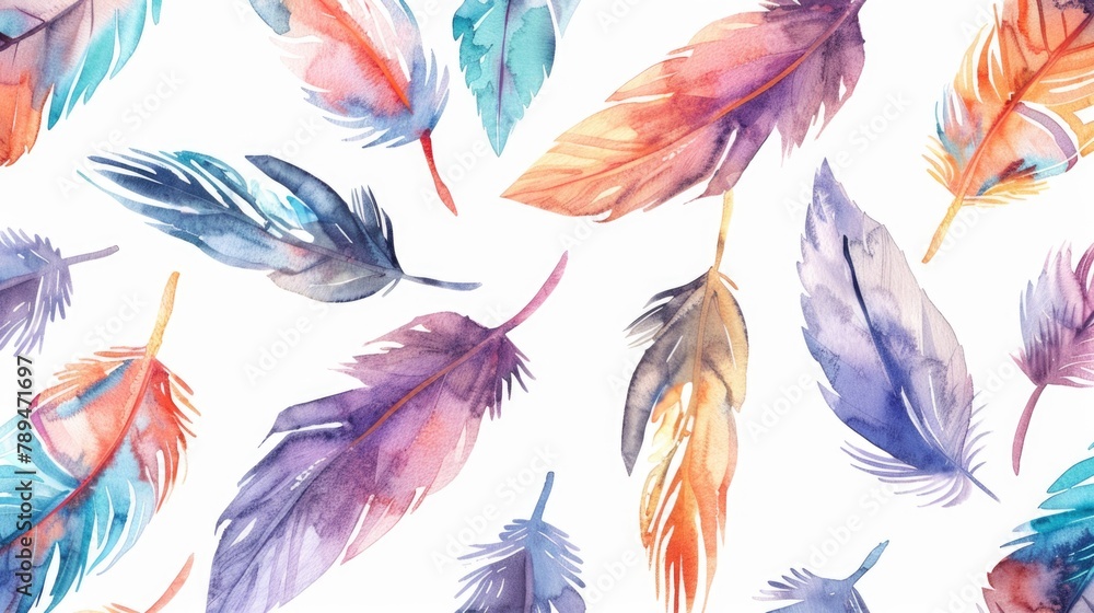 Colorful feathers arranged in a pattern on a white background. Suitable for various design projects Colorful feathers arranged in a pattern on a white background. Suitable for various design projects