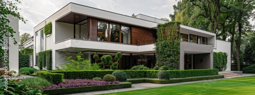 modern home including flowerbeds and a green hedge in the backyard