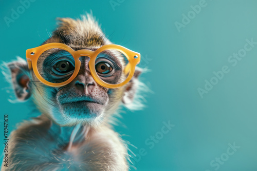 portrait of a cute monkey wearing yellow glasses on a green background photo