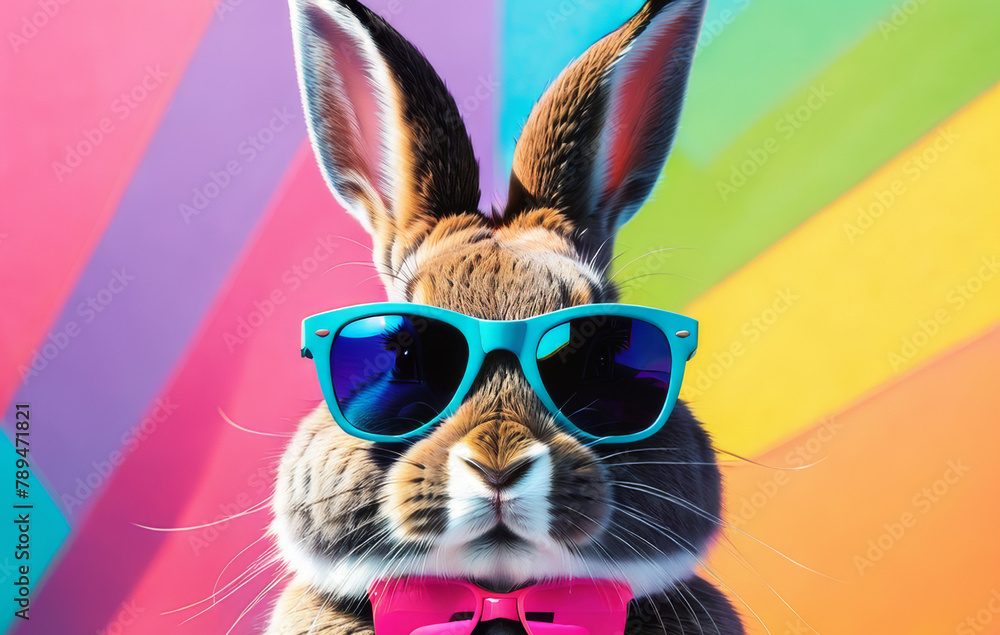 Close-up of a fashionable gray rabbit wearing glasses on a neon color background.