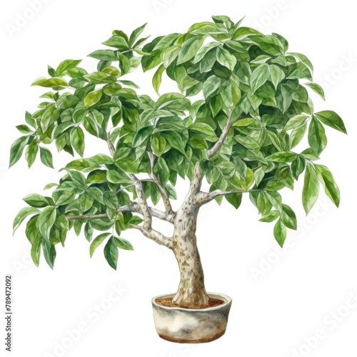 A watercolor painting of a bonsai tree with green leaves in a pot on a white background.
