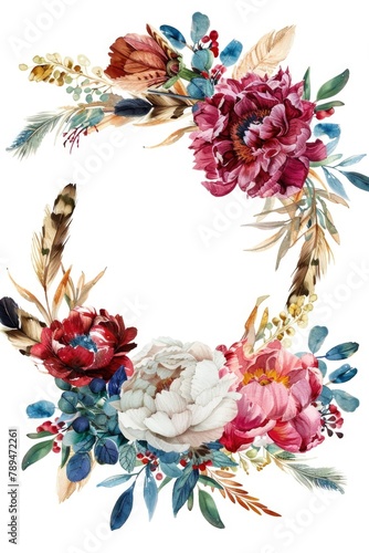 Elegant wreath of flowers and feathers on a white background. Perfect for wedding invitations or spring-themed designs