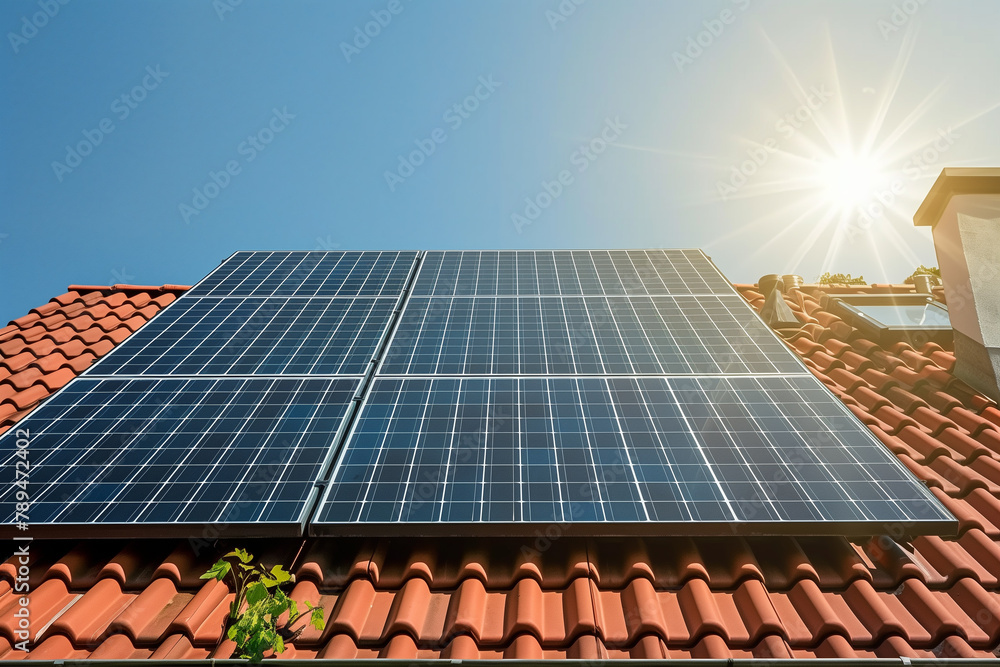 Low Angle Residential Solar Panels/ Low angle view of solar panels on a residential rooftop under the bright sun. Low Angle Residential Solar Panels/ Low angle view of solar panels on a residential rooftop under the bright sun.
