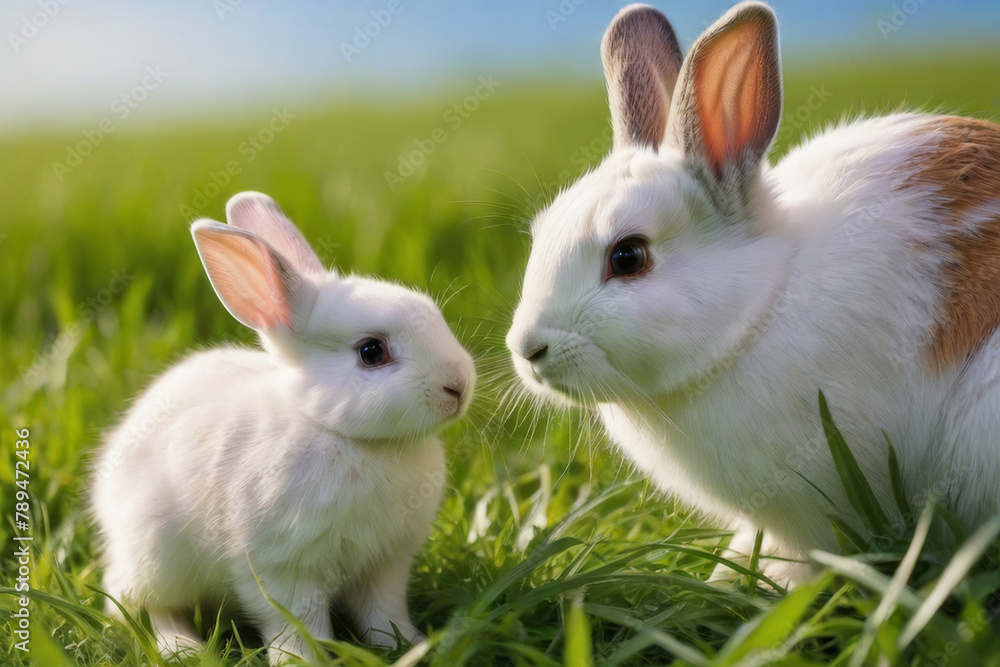 Rabbits. Mother rabbit and baby rabbit on a green meadow. Spring flowers and green grass.