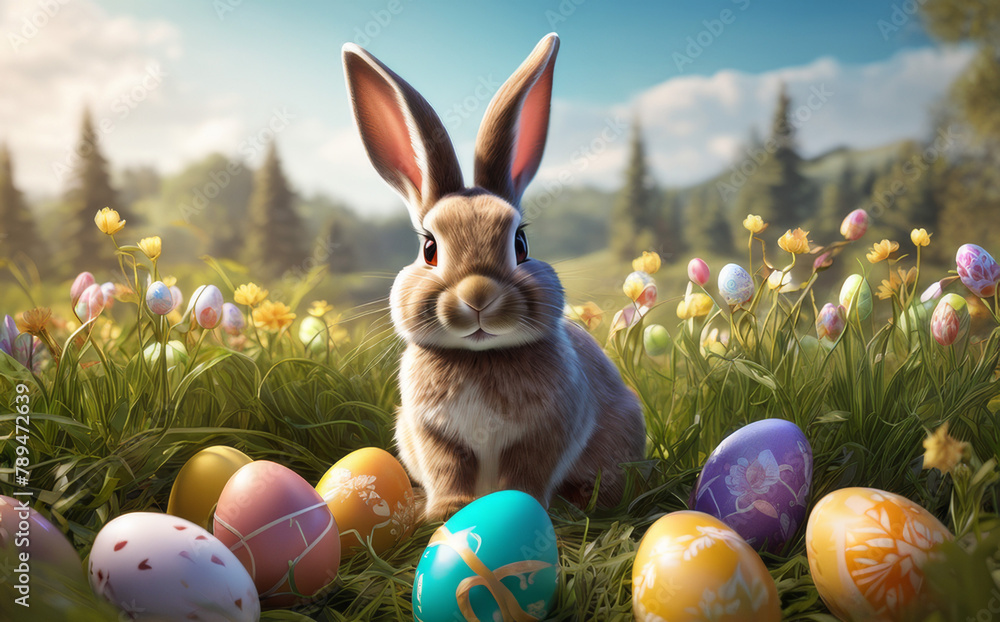 Little rabbit in a green spring lawn with decorated eggs - Easter card