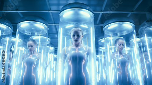 Human clone factory, Human in the capsules, capsule with human woman body inside