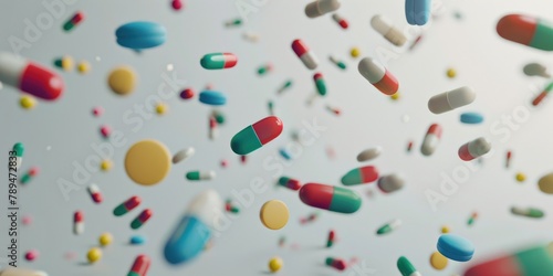 Medication pills floating in mid-air, suitable for medical concepts photo