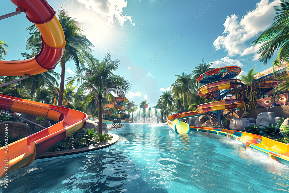 Sunny Water Park Vacation Destination. Vibrant water park with slides for summer vacation leisure.