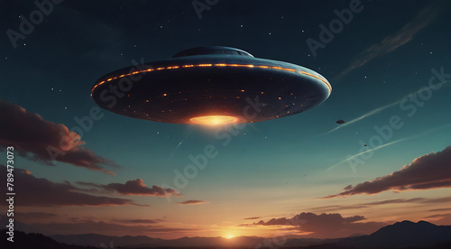 Illustration of A Round UFO or Alien flying saucer flying above the primitive or old age human beings in the sky   abstract style concept  space concept