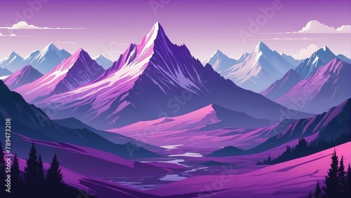 Landscape with purple mountains. Mountainous terrain. Abstract nature background. Vector illustration.
