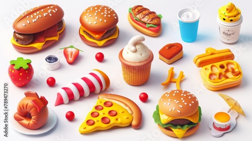 A set of fast food icons and street food in 3D modern graphics. Pizza, roasted turkey, hamburger, scrambled eggs, brocheta, fried fish, tacos, french fries, etc. photo