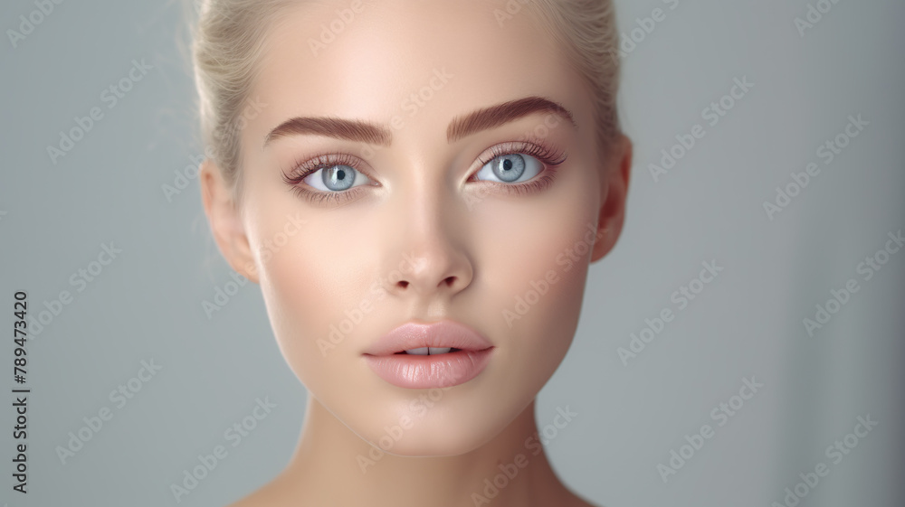 Beautiful young woman's face isolated on a white background wearing cosmetic foundation Beautiful young woman's face isolated on a white background wearing cosmetic foundation