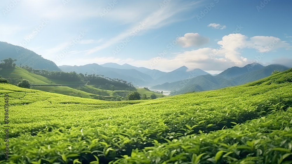 A stunning tea plantation set apart against a blank white background