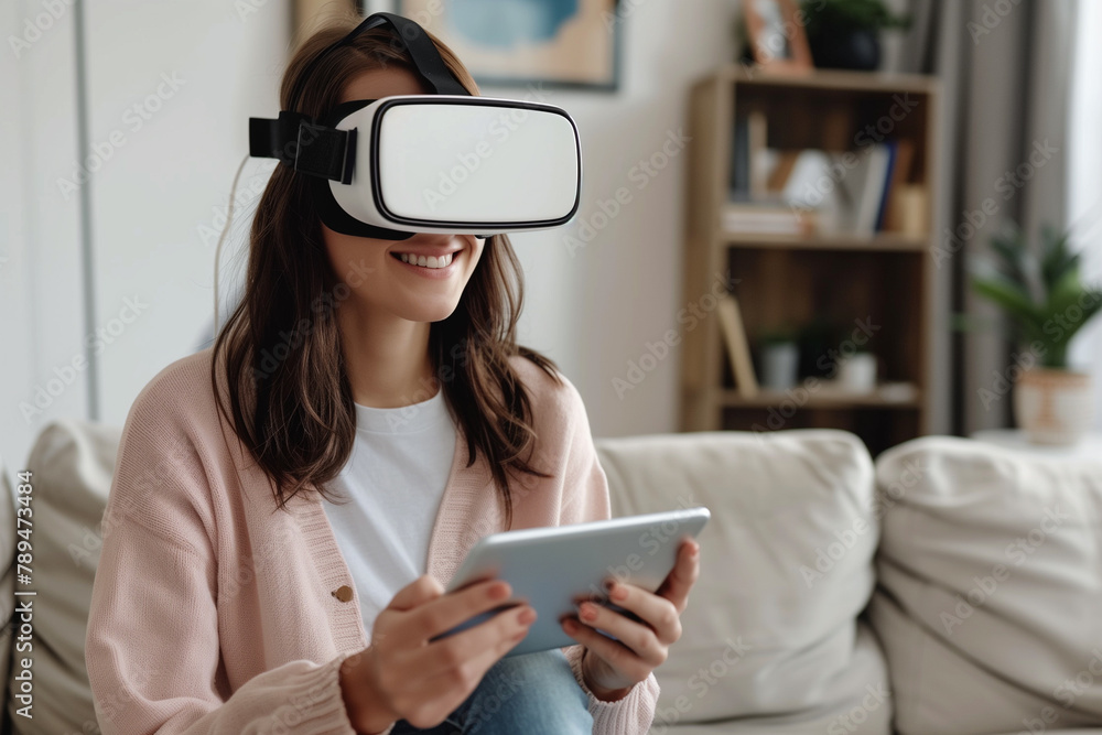 Casual Indoor VR Experience with Tablet. Young woman in VR headset with tablet on the sofa at home. Casual Indoor VR Experience with Tablet. Young woman in VR headset with tablet on the sofa at home.