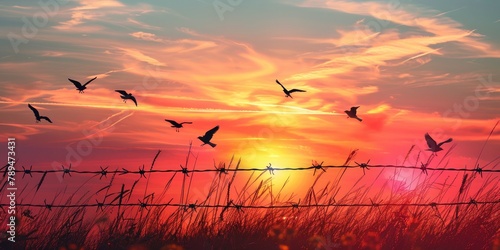 Birds soaring over barbed wire in a vibrant dawn, representing hope and freedom