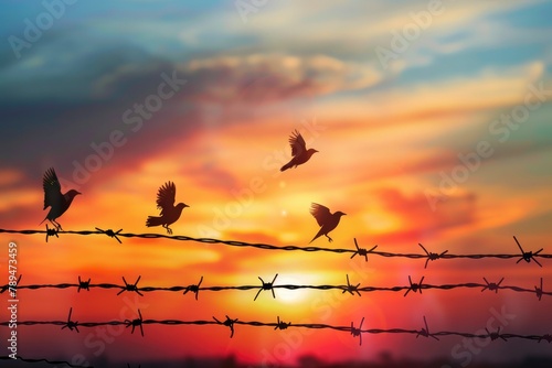 Birds soaring over barbed wire in a vibrant dawn, representing hope and freedom