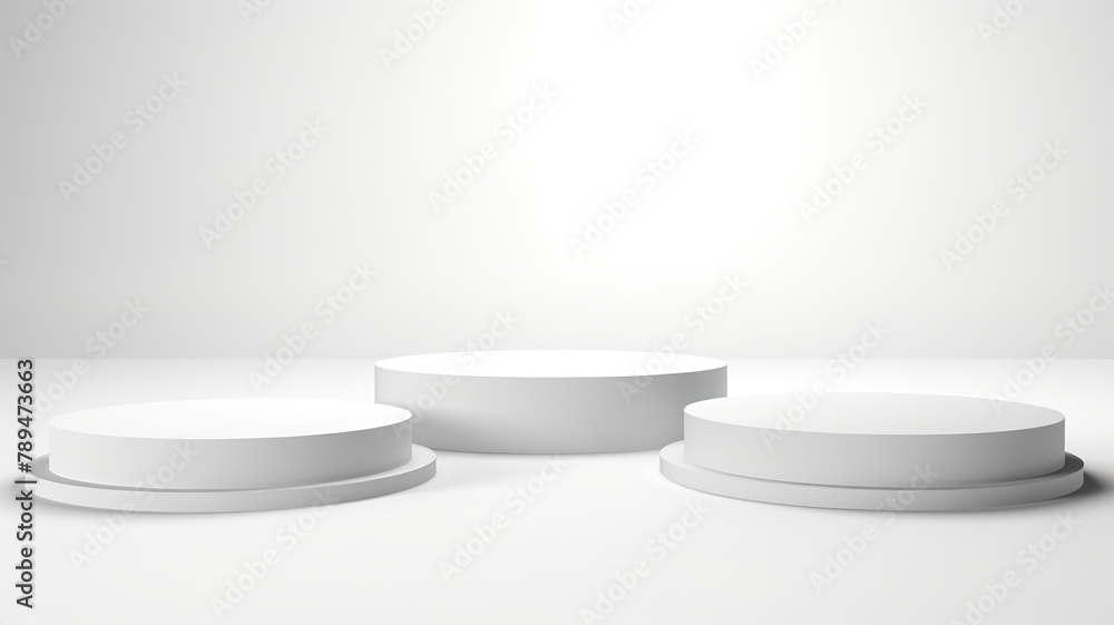 Isolated on a background of pure white are light strokes and empty round podium pedestals. Isolated on a background of pure white are light strokes and empty round podium pedestals.