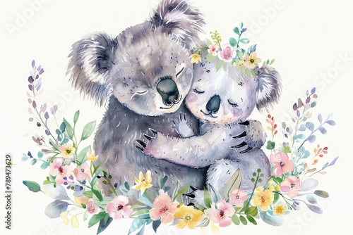 Adorable watercolor painting of two koalas hugging. Perfect for nature lovers and children's illustrations