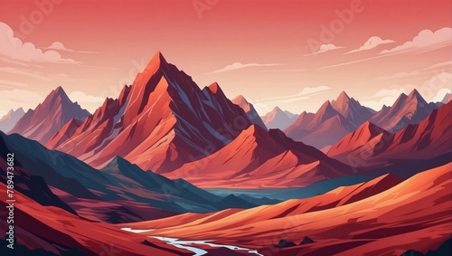 Landscape with red mountains. Mountainous terrain. Abstract nature background. Vector illustration.