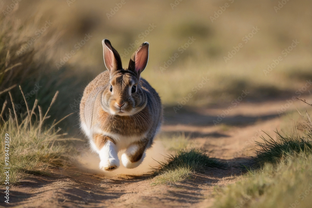 The brown hare is running. Wild brown hare in the field. The brown hare escapes from danger.