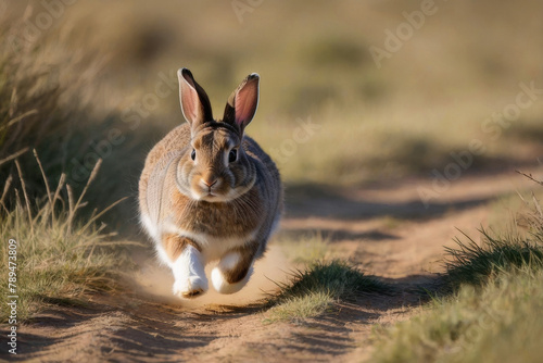 Obraz na płótnie The brown hare is running. Wild brown hare in the field. The brown hare escapes from danger. w salonie