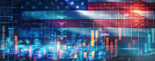 An American flag and financial graphs are displayed twice, signifying the nation's economic sway over the world.
