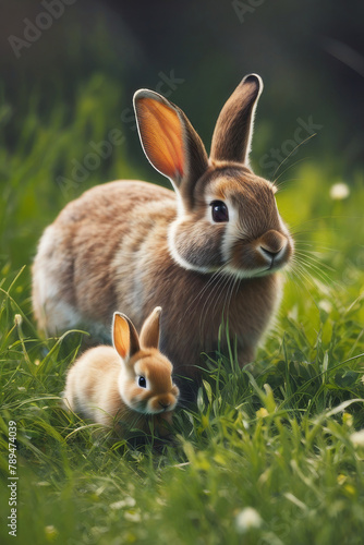 Rabbits. A family of rabbits on a green meadow. Spring flowers and green grass