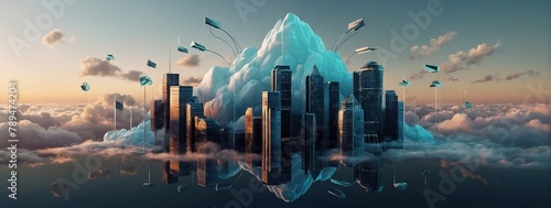 Abstract digital cloud with arrows up and down and dollar coins tower, Cloud mining or digital investment technology concept, Low poly wireframe photo