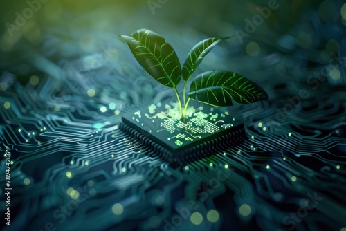 An electrical chip with a futuristic plant sprouting on top of it