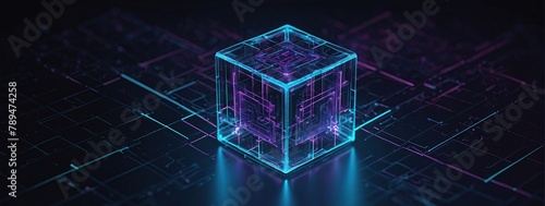 Abstract digital data cube in technology futuristic wireframe style, Isometric polygonal 3D box in light blue and purple on dark background, Blockchain, Big Data and Artificial Intelligence concept 