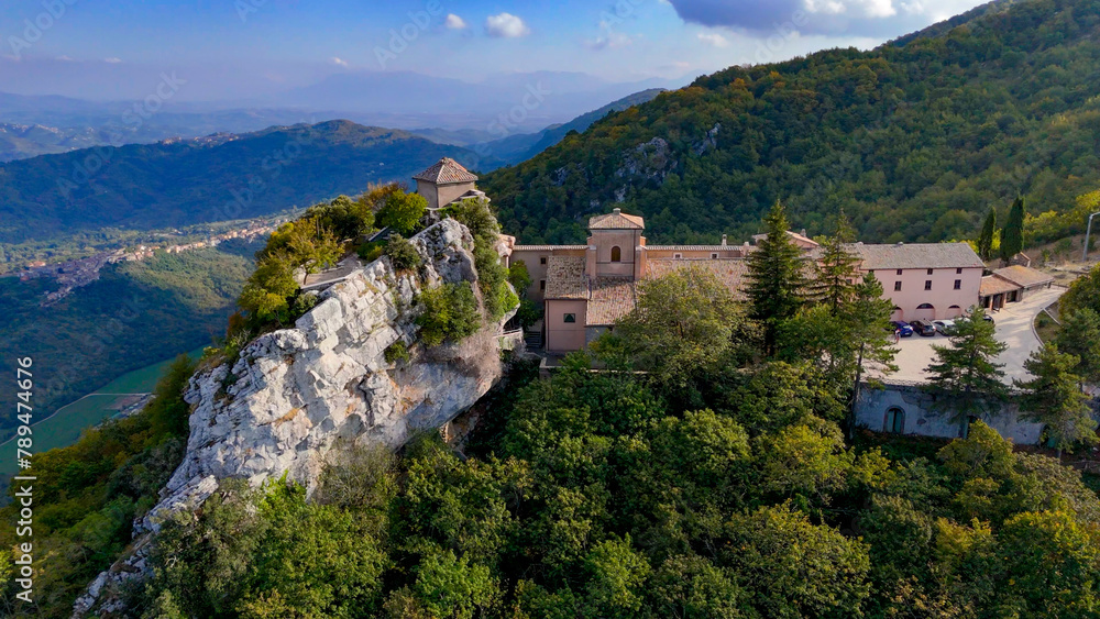 aerial pictures made with a dji mini 4 pro drone over Sanctuary of Madonna della Mangiatorella, Lazio, Italy.